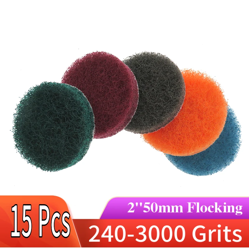 15 PCS 2 Inch Multi-Purpose Flocking Scouring Pad 240-3000 Grit Industrial Heavy Duty Nylon Cloth for Polishing & Grinding