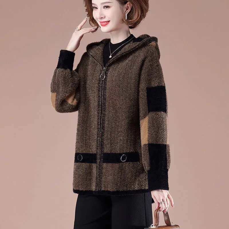 Size 6XL Mom Coat Winter Mink Fleece Hooded Jacket 2022 Middle-Aged Women Autumn Temperament Double-Sided Fleece jacket