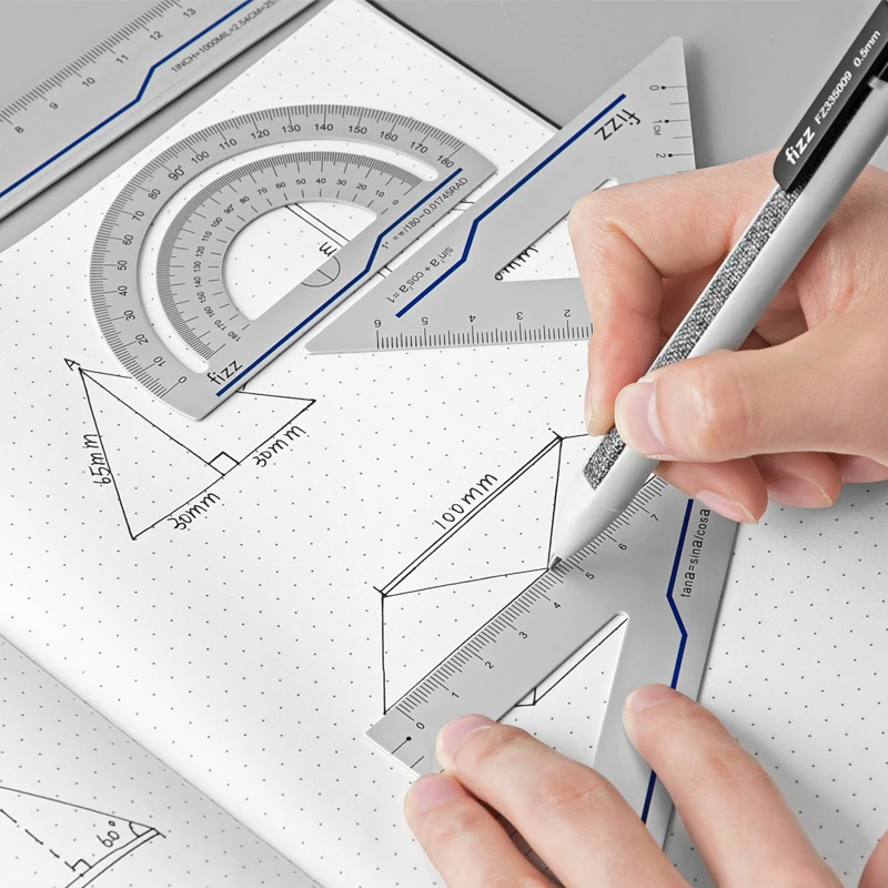 Fizz Matte Legering Heerser Set Briefpapier Regel 4 Stks/set Multifunctionele Heerser Driehoek Gradenboog Voor Tekening Voor School Office