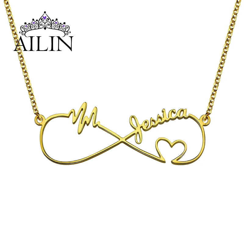 AILIN Personalized Infinity Necklace Women Girlfriends Custom Necklace Name Pendant With Heart and Heartbeat Nameplate Jewelry