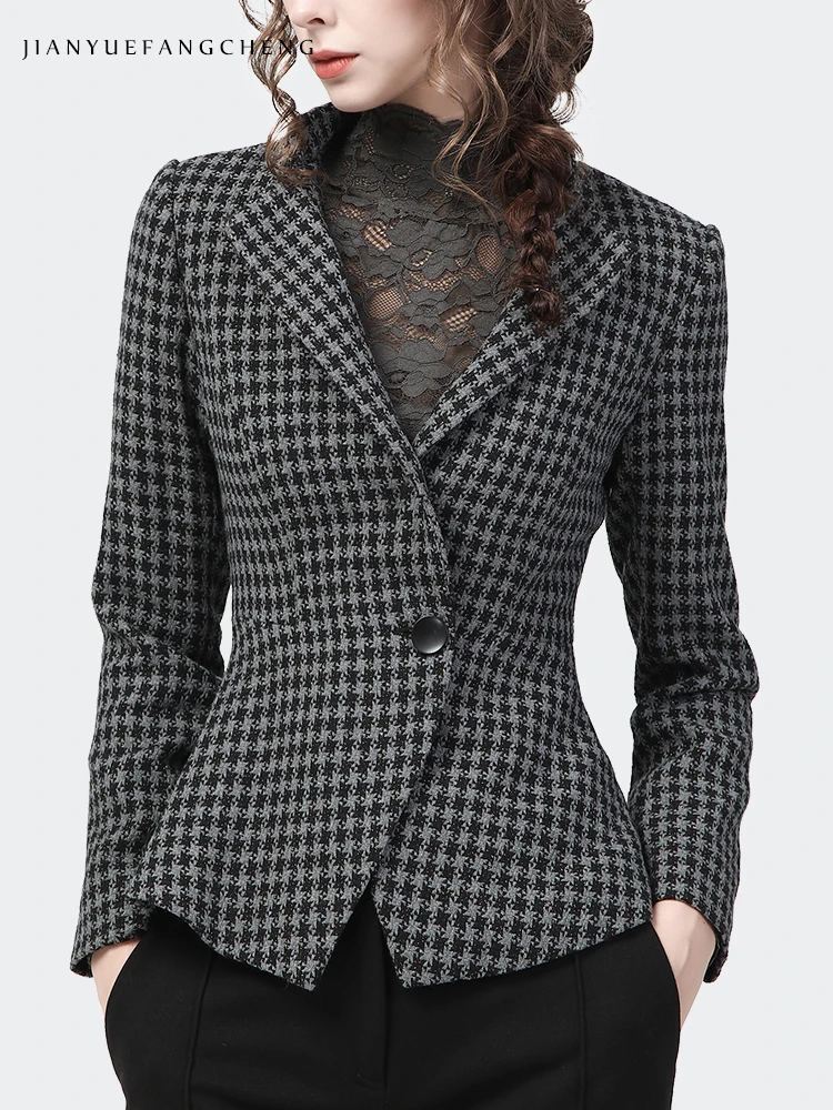 Vintage Grey Checkered Women Woolen Blazer Elegant Slim Short Jacket 2022 Autumn Winter New Suit Collar Female Office Coats