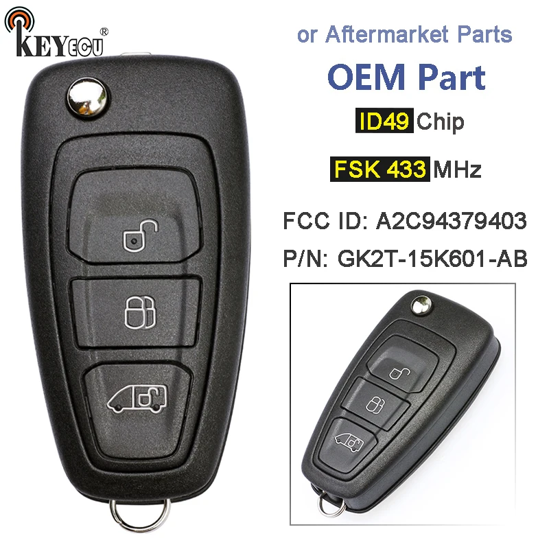 

KEYECU 433.92MHz FSK GK2T-15K601-AB A2C94379403 OEM / Aftermarket Remote Key Fob for Ford Transit Custom Tourneo Custom 2016-20