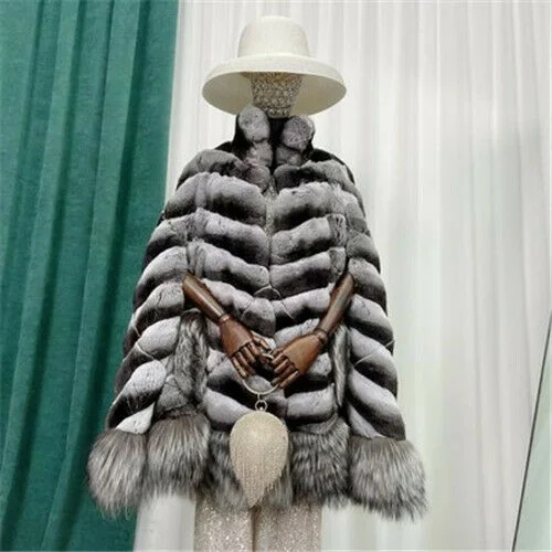 

Women Fashion Real Rex Rabbit Fur Capes Stand Collar High Quality Genuine Rex Rabbit Fur Ponchos with Silver Fox Fur Bottoms