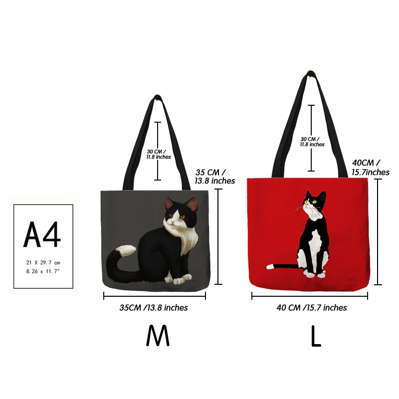 Creative I Love Cat Print Tote Bag Handbag Tuxedo Cats Painting Ladies Large Shopping Bags for Groceries Supermarket Beach