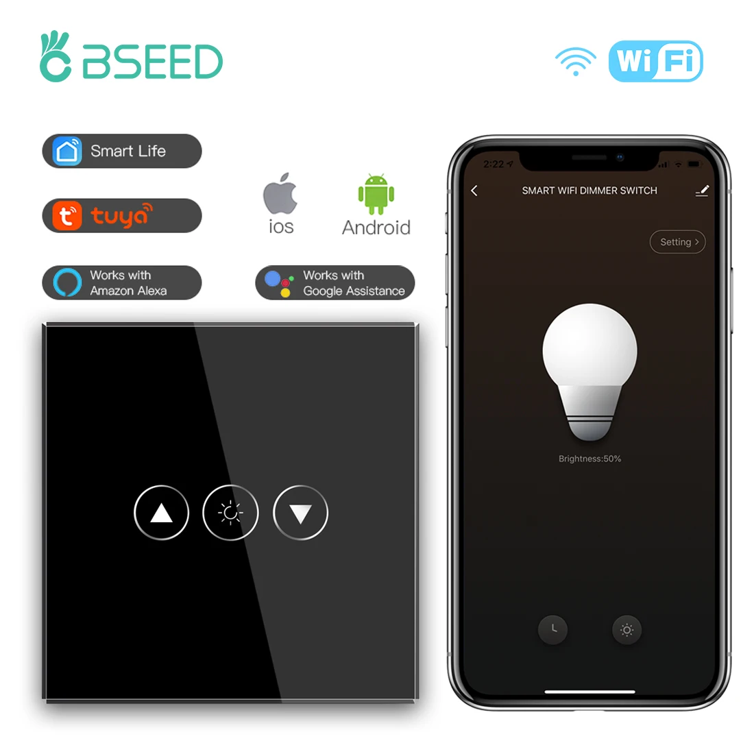 BSEED EU Touch Wifi Light Dimmer 1 Gang Smart Wireless Wifi Dimmer White Black Golden Colors For Smart Home