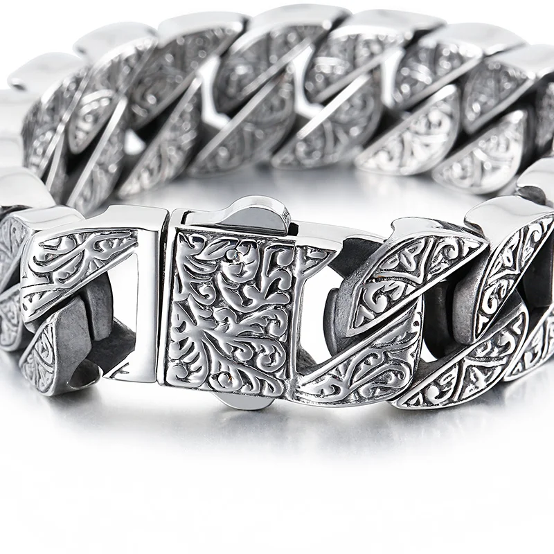 HAOYI Vintage Bracelet Ancient Patterns Unique Stainless Steel For Women Engraving Cuban Chain  Man Bangles Couple Gift Jewel