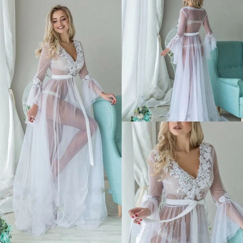 Women Sexy Long Petal Sleeve V Neck Lace See Through High Waist Lace Up Maxi Dress White Beach Bathing Wrap Bikini Cover Ups