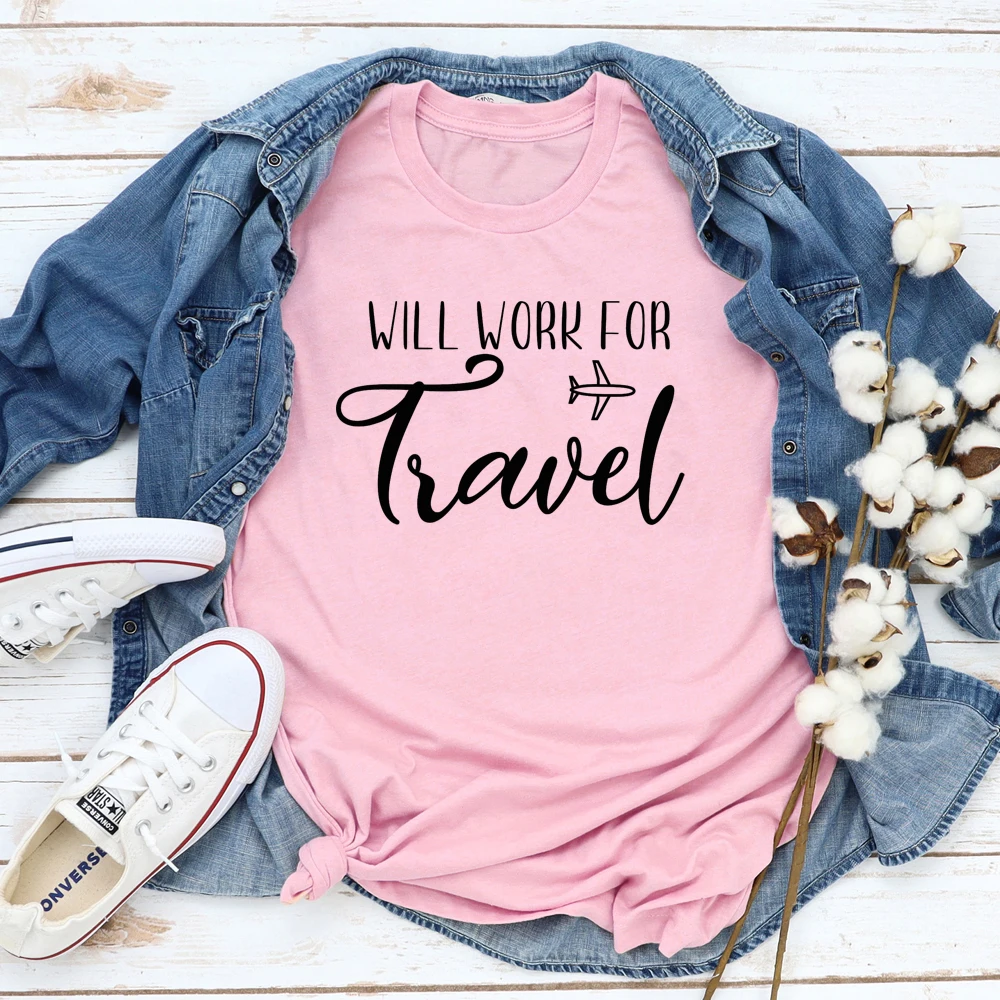 Will Work For Travel T-shirt Funny Women Short Sleeve Airplane Mode Vacay Tshirt Casual Unisex Summer Vacation Graphic Tees Tops