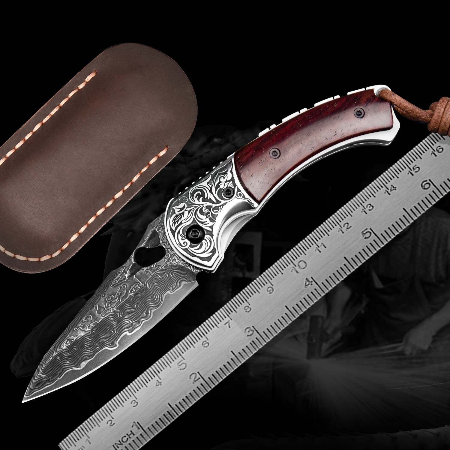 

NEWOOTZ Japanese Style Damascus Folding Knife Rosewood Handle EDC Tactical Survival hunting for Outdoor Activities Collection