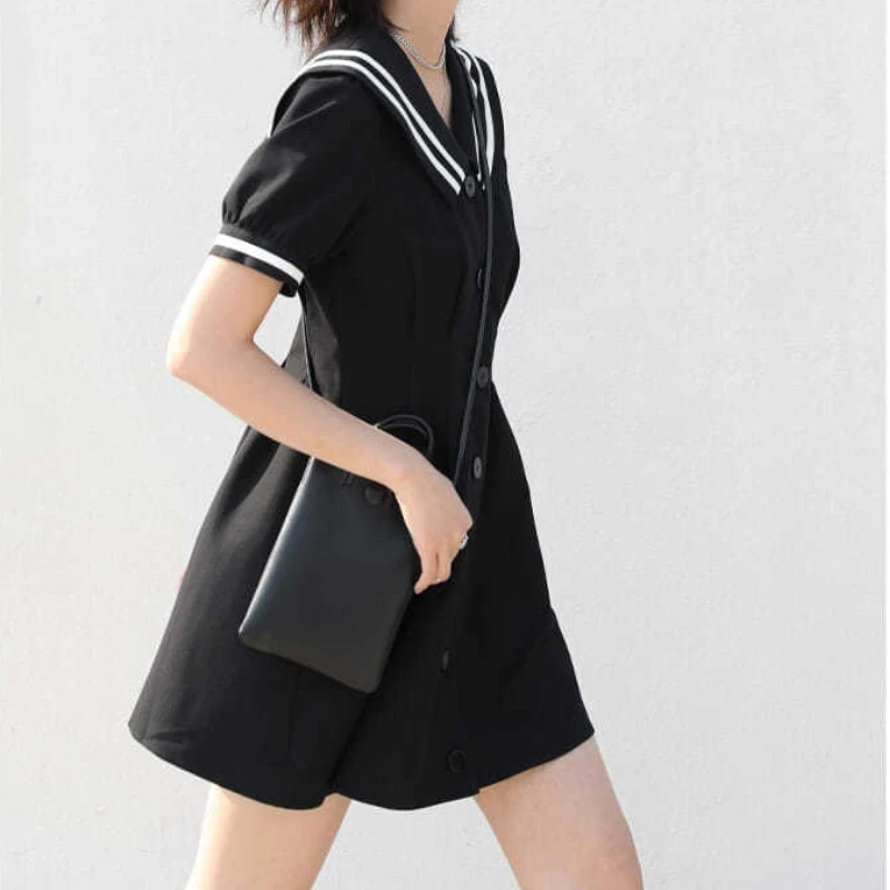 Dress Women Summer Fashion New Leisure Japanese Style Sweet College Vintage A-line Sailor Collar Streetwear Female Vestido Solid