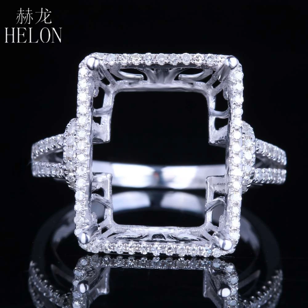 HELON 14x11-15x12mm Emerald cut Solid 14K White Gold Pave 0.4ct Natural Diamond Semi Mount Engagement Wedding Ring Women Jewelr