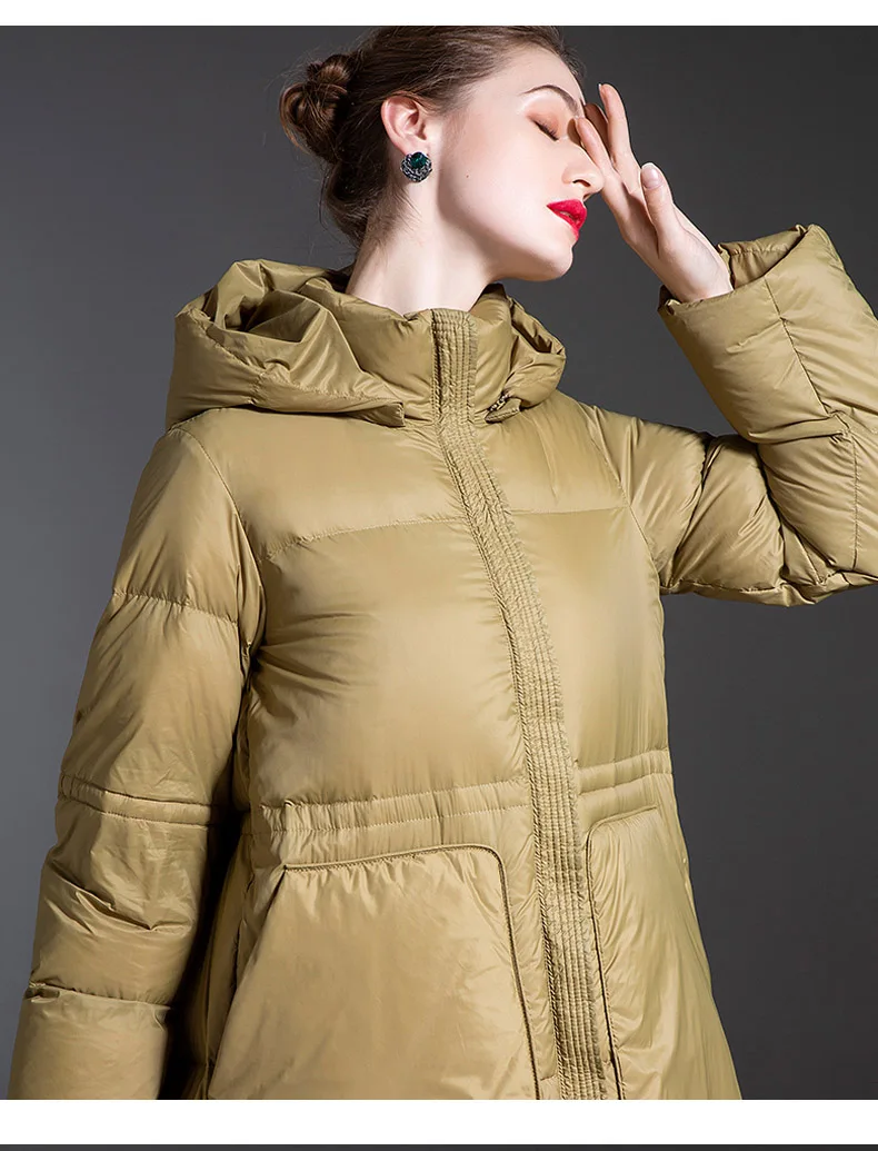 Frauen Winter Jacke Schwarz Puffer Lange Unten Jacke Zipper Kapuze Volle Hülse Mode mantel