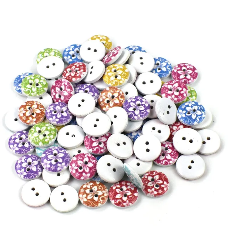 100 sztuk 15MM mieszane okrągłe Dot drewniane przyciski Flatback Cabochon Scrapbooking rzemiosło drewna Knopf Bouton Decor Diy akcesoria