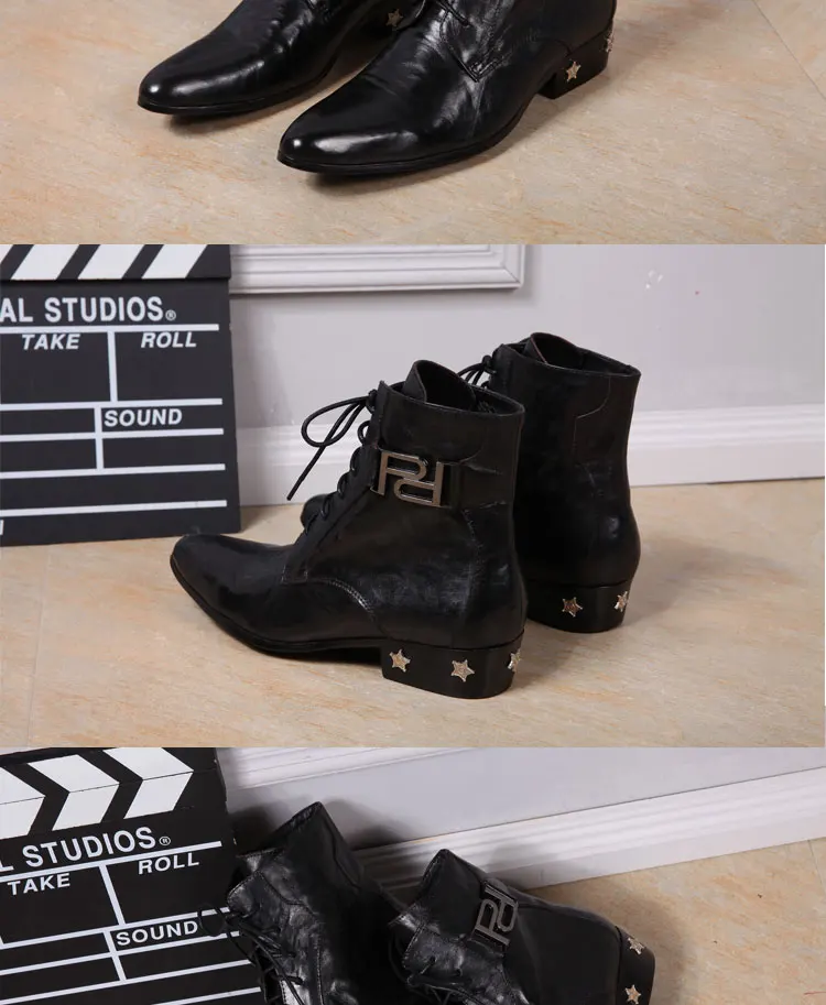 Herren-Chelsea-Stiefel aus echtem, glänzendem Leder, spitzer Zehenbereich, mit Nieten verziert, Schnürstiefel, luxuriöse Mode für Herbst, Bankette und Partys – Detail 8