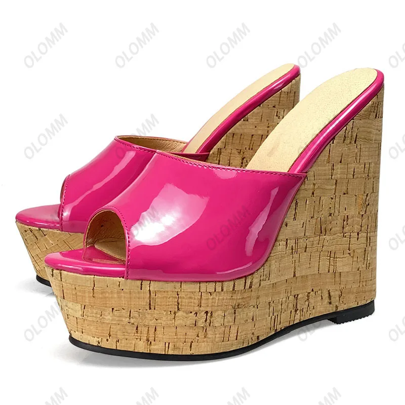 

Olomm 2020 Handmade Women Platform Mules Sandals Shiny Wedges High Heels Open Toe Gorgeous Black Party Shoes Women US Size 5-20