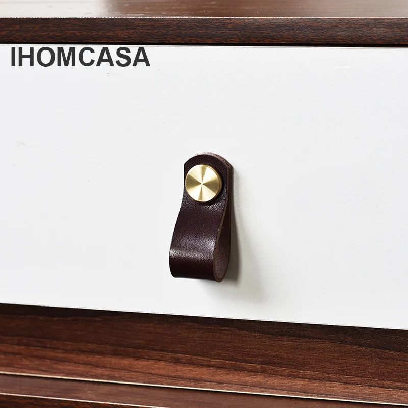 IHOMCASA – Poignée de meuble de style vintage en cuir véritable, disponible en 8 couleurs, en laiton doré, idéal pour placard de cuisine ou armoire