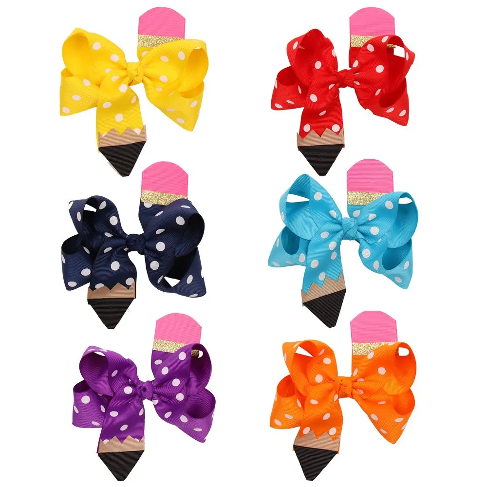 CN Fashion Back To School Pencil Print Hair Bows for Girls Hair Clips Cute Dot Bowknot Hairgrips Kids Hair Accessories