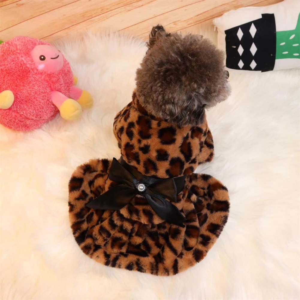 Pet Clothes Elegant Luxury Fur Dress Winter Overcoat Small Dog Cat Clothes Bowknot Leopard Chihuahua Noble Princess Party Dress