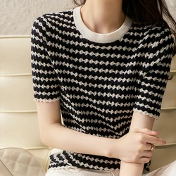 PLAMTEE Women Striped Pullovers 2022 New Fashion Elegant Office Lady Short-Sleeve Thin Loose Sweaters