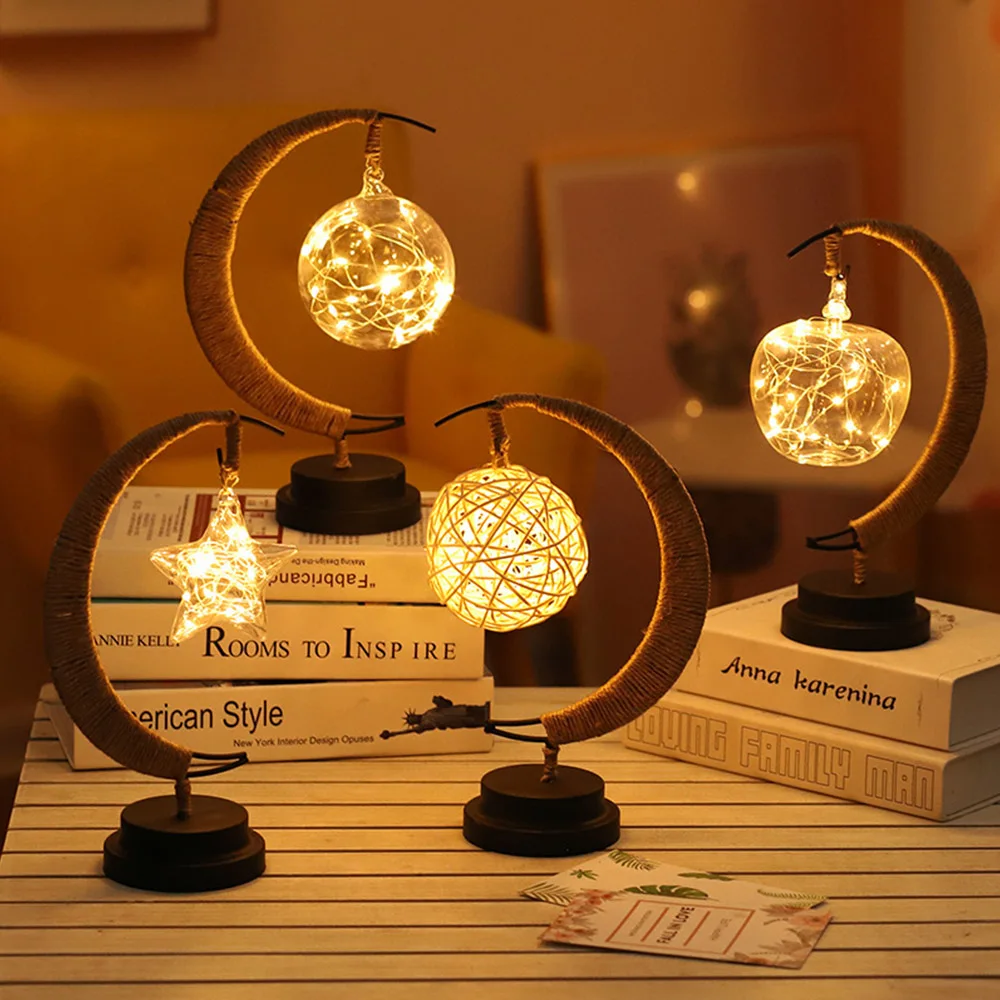 Handmade DIY Moon Sepak Star/Apple/ Takraw Desk Lamp Iron Retro Art Night Light for Wedding New Year Christmas Birthday Gifts