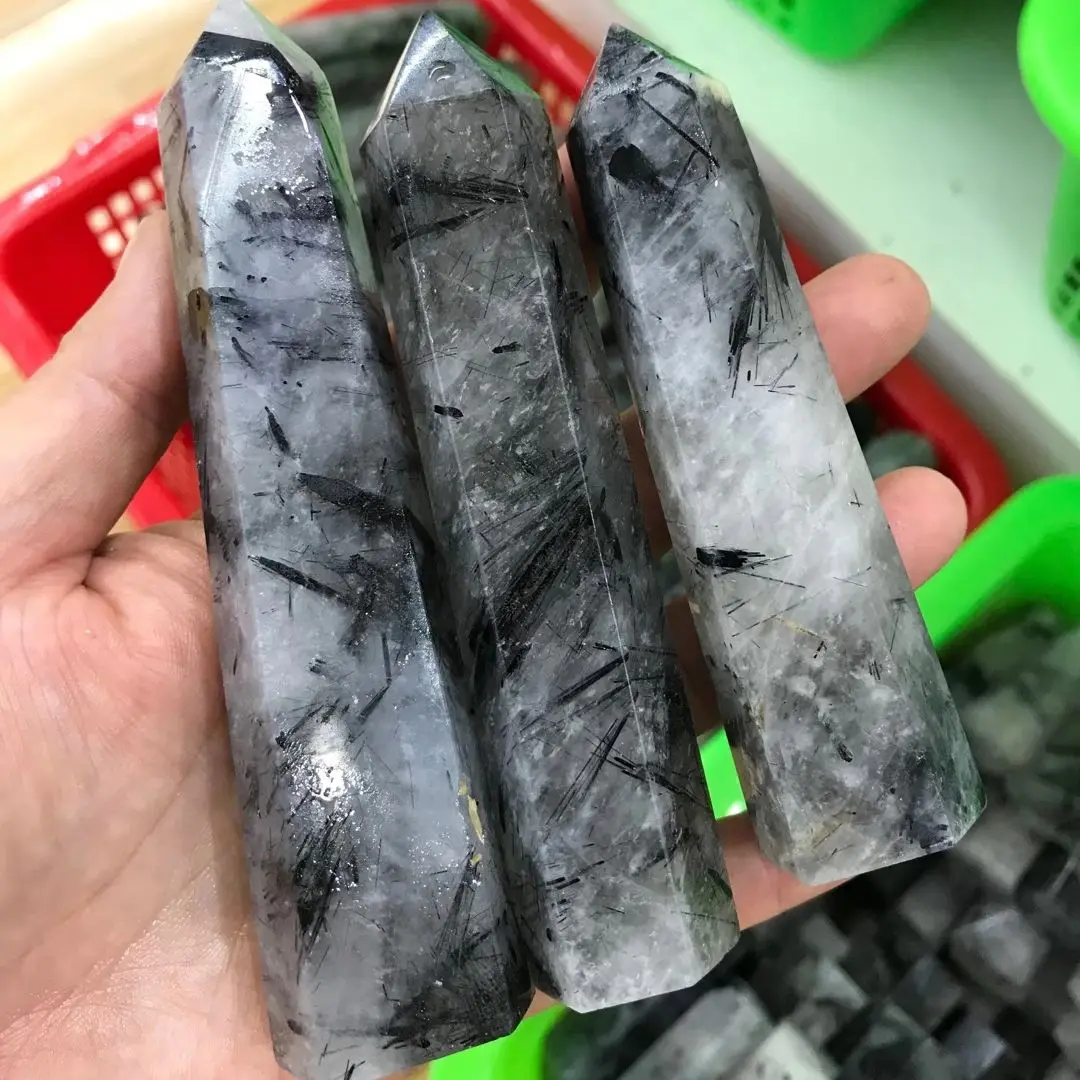 6-9CM Natural Hairstone Point Black Hair Quartz Wands Tourmaline Crystal Obelisk Reiki Healing Ornament For House Decoration Gem