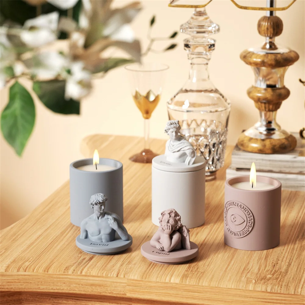 Greek Sculpture Candle Jar Silicone Molds for Cement DIY Concrete Candle Vessel Mould with Lid Home Decoration Tools