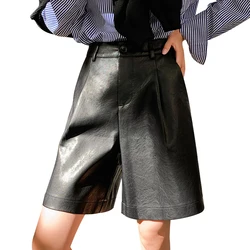 QOERLIN S-3XL Fashion PU Leather Shorts Women Autumn Winter New 2025 New Loose Bermuda Leather Trousers Casual High Waist Shorts