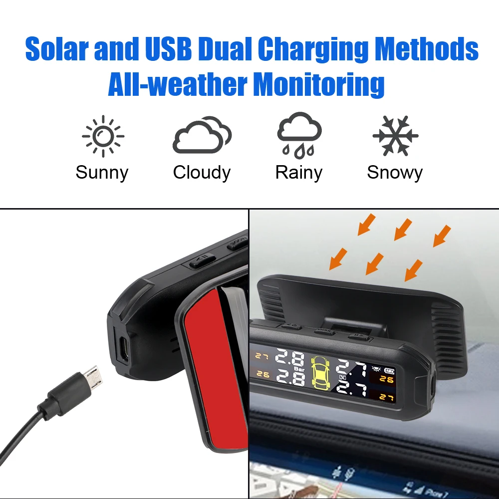 TPMS per auto con 4 sensori esterni sistema di monitoraggio della pressione dei pneumatici Monitor della pressione dei pneumatici avvertimento solare risparmio di carburante Set sul parabrezza