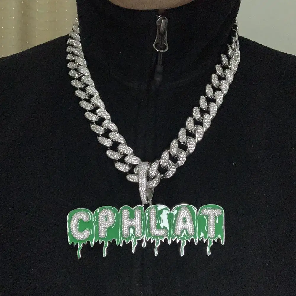 Custom Name Green Epoxy Crushing Bubble Dripping Letter Chain Necklaces & Pendant Zircon Men's Hip Hop Jewelry