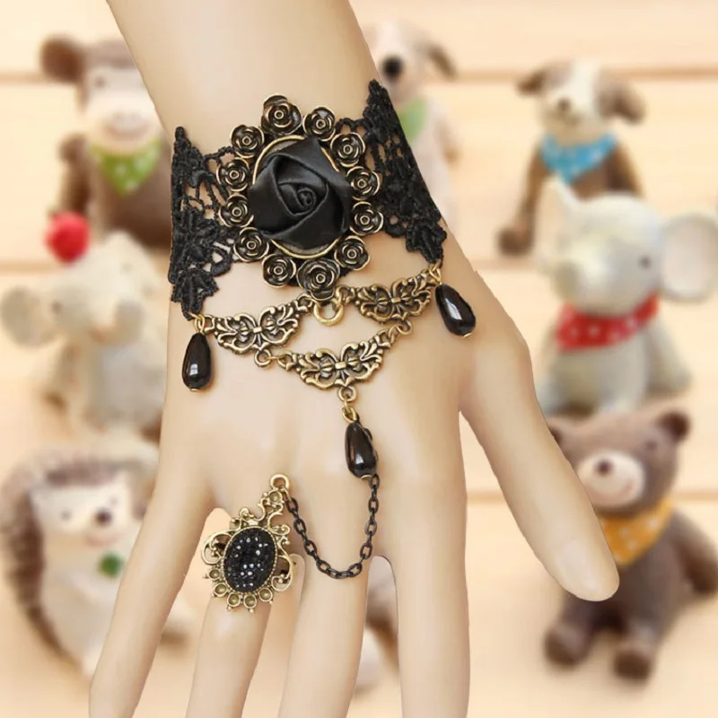 Retro Charm The Queen Fashion Victorian Dress Costume Gothic Black Rose Lace Lolita Bracelet Women Masked Ball Accessories