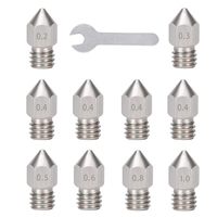 10PCS MK8 Stainless Steel M6 Threaded Nozzle  0.2 0.4 0.5 0.6 0.8 1.0mm for 1.75mm Filament  Anet A8 CR10 CR-10S Ender 3 Ender 5