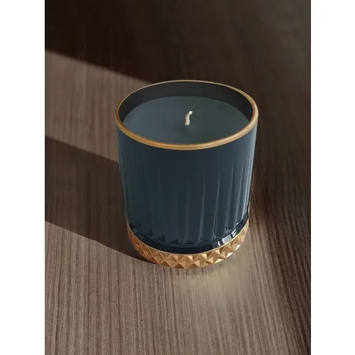 The Mia Glass Solid Candle Holder-Navy Blue Gold 10x8 cm