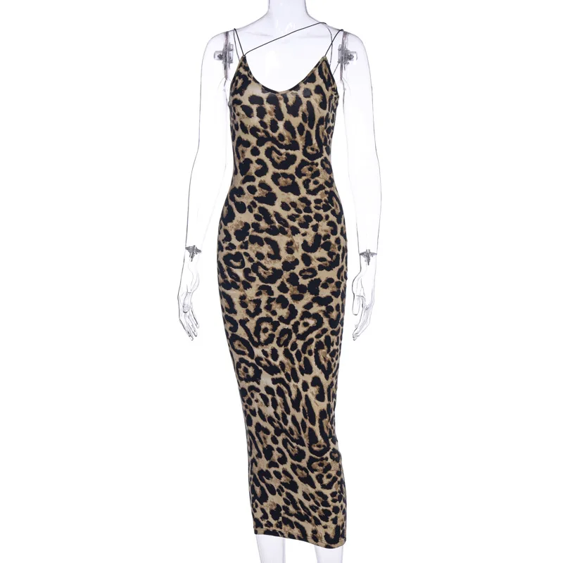 Vestido Midi feminino com estampa leopardo sem mangas com decote em v, moda sexy, streetwear primavera, roupas de Natal, 2022