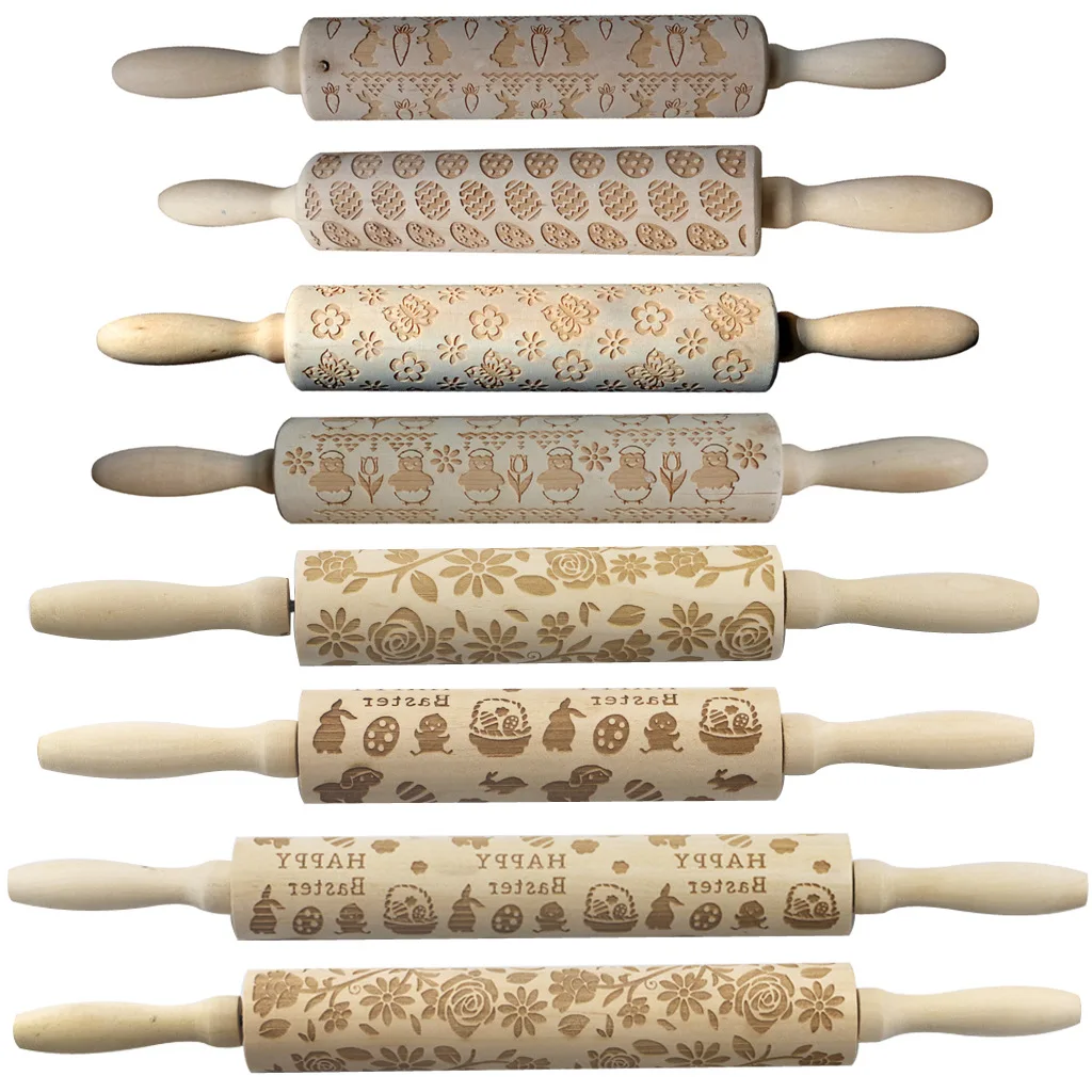 Wooden Spring Easter Bunny Radish Flower Painted Egg Rolling Pin Wood Embossed Rolling Pin Cookie Rolling Stick Texture Roller