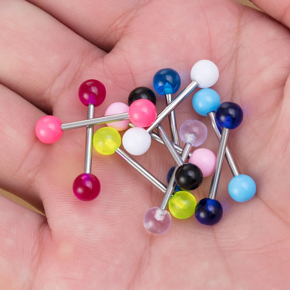 10 Stück Zungenringe, bunte Acrylkugel, 14 g, chirurgischer Stahl, gerade Zungenpiercing-Hanteln für Frauen, Körperpiercing-Schmuck – Detail 9