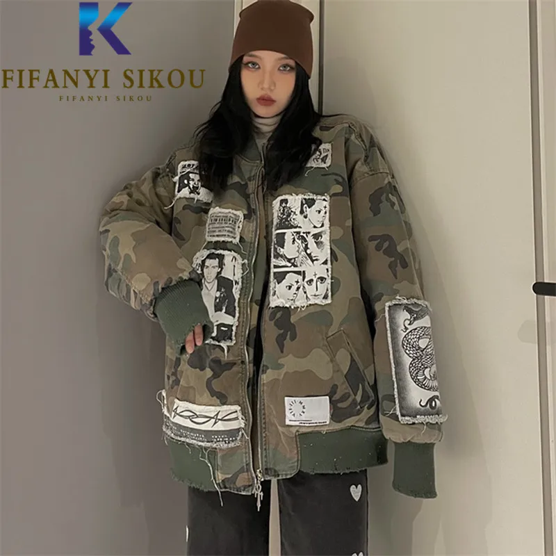 

Camouflage Jacket Women Autumn Winter Thick Warm Cotton Coat Loose Zipper Windbreaker Patch Design Fashion Bomber Jacket Female