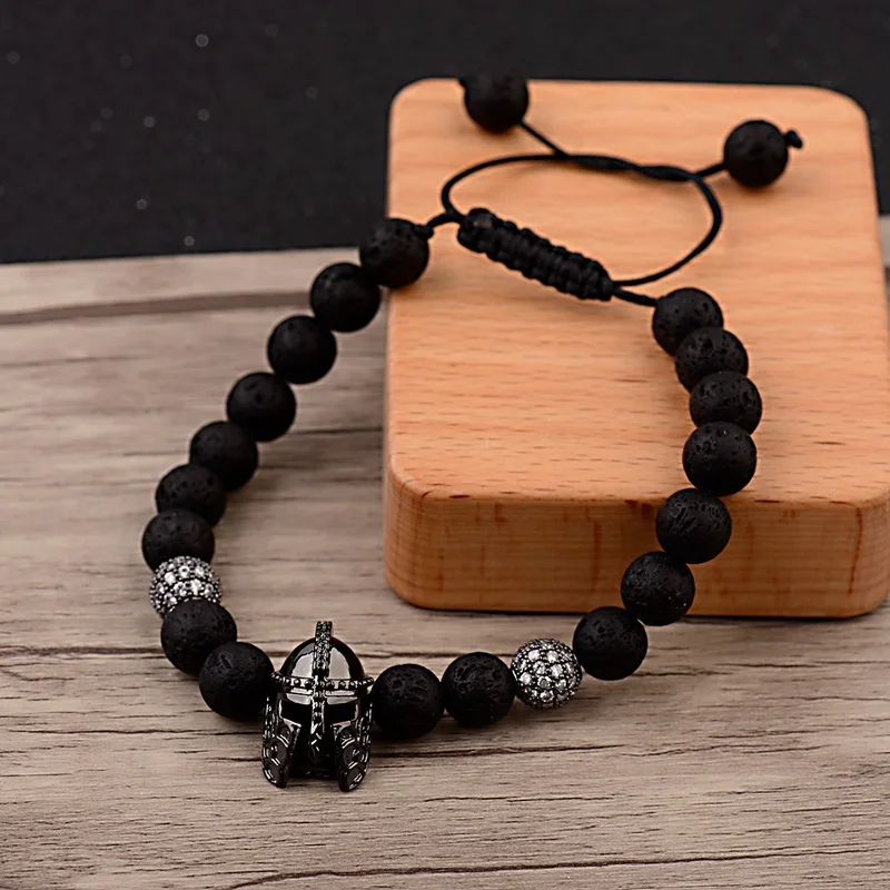 Fashion Men Black Copper Helmet&Ball Lava Stone Beads Bracelets Chakra Bangles Bijoux Men Jewelry