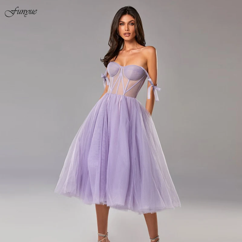 

Off Shoulder Tea Length A-Line Prom Dresses Homecoming Tulle Skirt Bow Straps Corset Party Night Club Gowns Graduation Dress