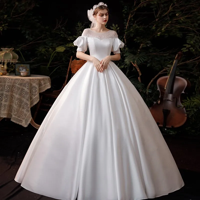 

2023 New Vestido De Noiva Satin Wedding Dress Puff Sleeve Bridal Gown Classic O-neck Lace Up Princess Luxury Ball Gown Customize