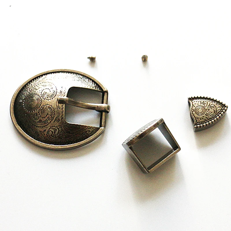 Antique silver belt buckle carved flower women DIY leather craft 3pcs in 1set width 1.5cm