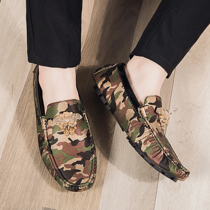 Designer Men’s Flats Women Moccasins Plus Size 36~48 Men Camouflage Peas Loafers High Quality Leather Male Driving Casual Shoes