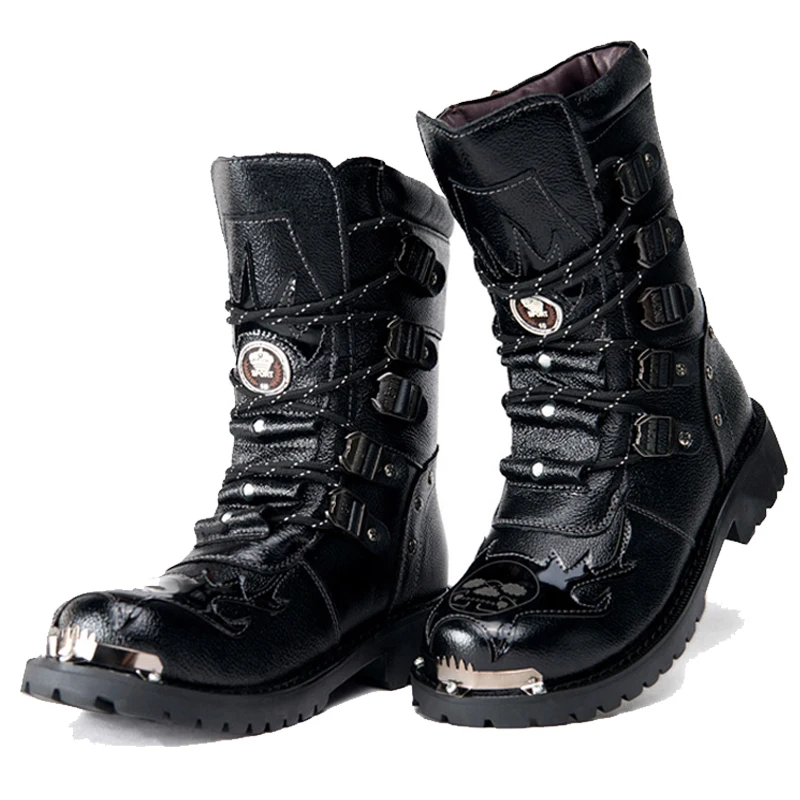 Men Mid-Calf Army boots Lace-Up Genuine leather Motorcycle boots Non-slip Wear-resistant Outdoor work boots Skull