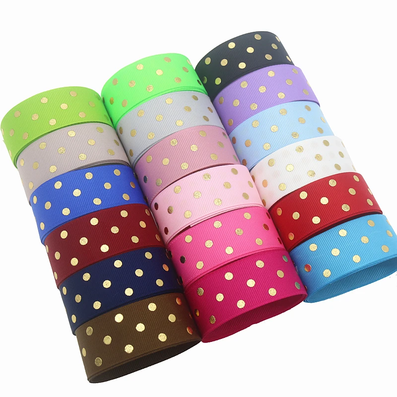 DHK 1yard/lot  Foil Gold Polka Dots Printed Grosgrain Ribbon Headwear Decoration DIY Wholesale OEM E1818