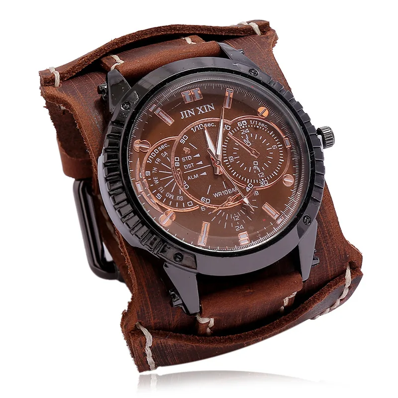 Hot Retro Wide Cow Leather Bracelet Watch Vintage Men Wrist Watches Casual Cool Punk Quartz Watches Clock Relogio reloj hombre