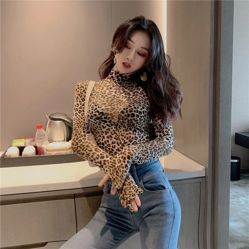 Women T-shirts spring Retro Turtleneck Leopard Slim Long-sleeved Leoaprd Tshirts Mesh Perspective Bottoming Tee Shirts