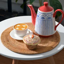 Large Table Mat Round Oval Placemat Natural Rattan Hand-Woven Dining Napkin Mats Hotel Cutlery Table Decoration