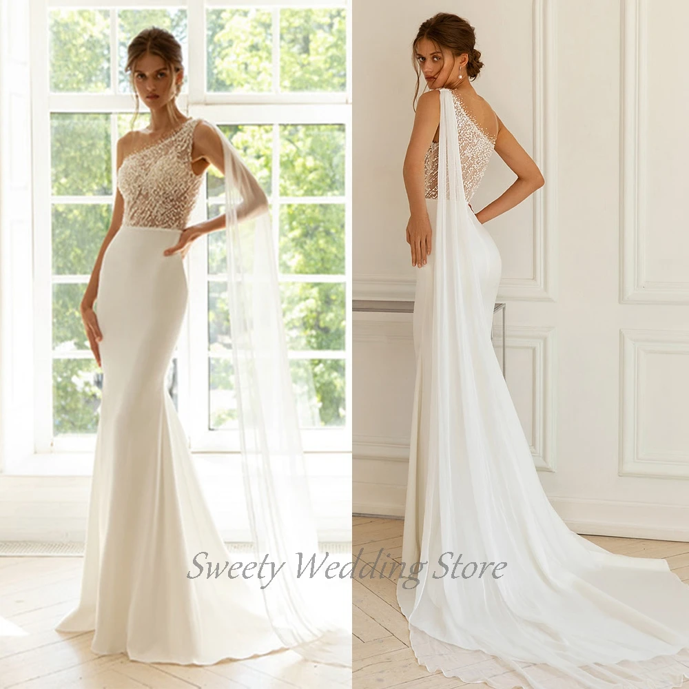 Classic Mermaid Wedding Dresses One Shoulder Sequin Beading Pearls Sexy See-through New Bridal Gowns Side Zipper