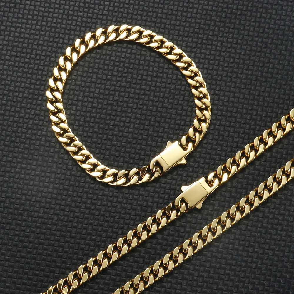 High Quality Width 7mm/9mm Stainless Steel Gold Cuban Chain Waterproof Men Women Curb Link Necklace Jewelry Various Sizes