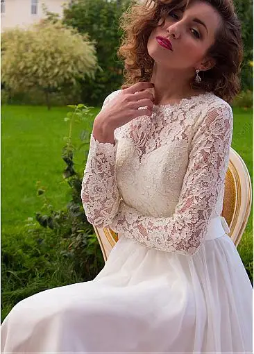 Vestido De novia De encaje De manga larga con cuello redondo, De gasa, línea A, ilusión, largo hasta el suelo, 2023