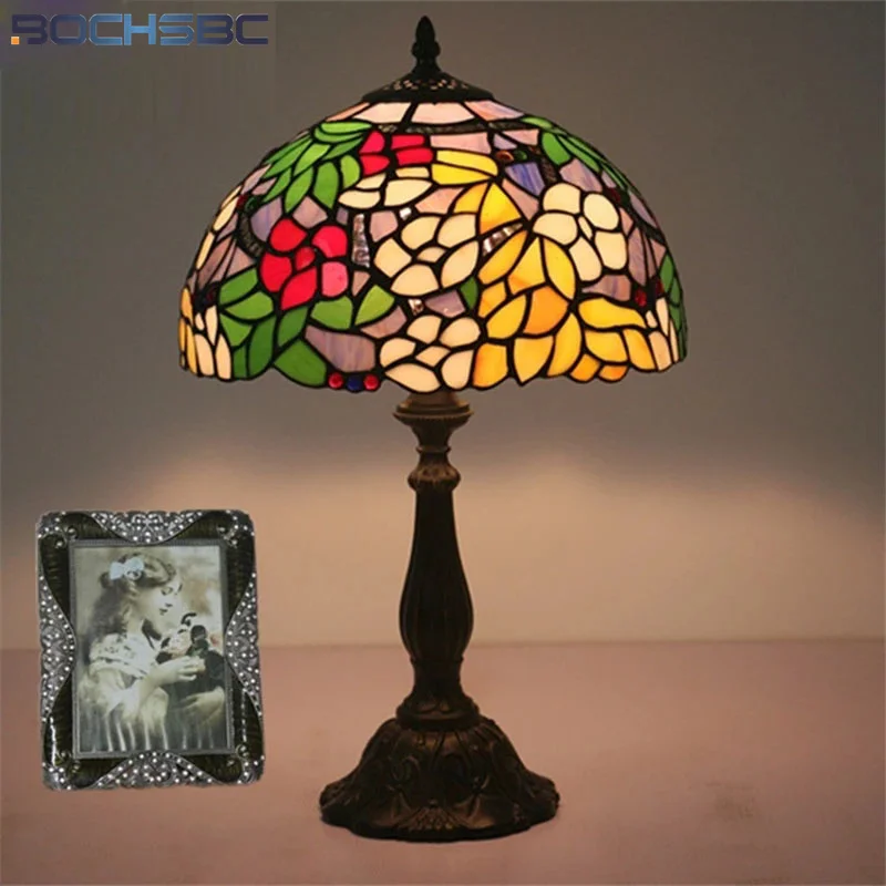 

BOCHSBC tiffany desk lamp red rose orchid yellow flower table light handicraft arts home decor 12" stained glass e27 LED alloy